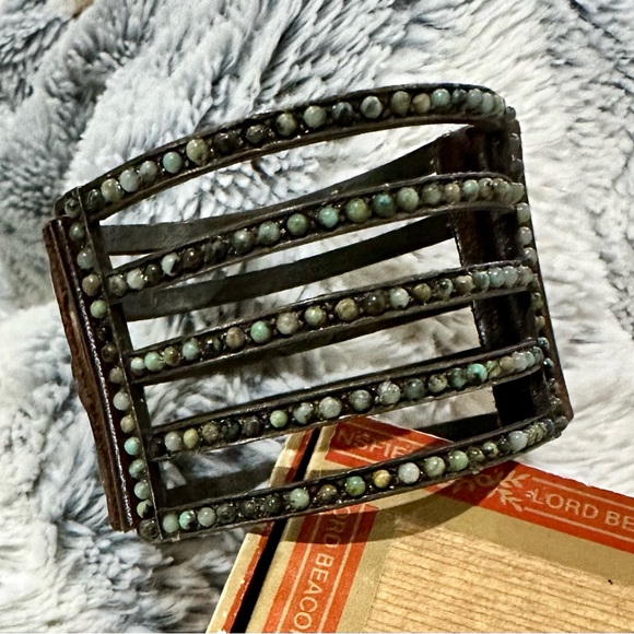 EUC by Rebel Designs. 5-Bar, Metal, African Turquoise, Vintage Leather, Bracelet - Picture 7 of 11